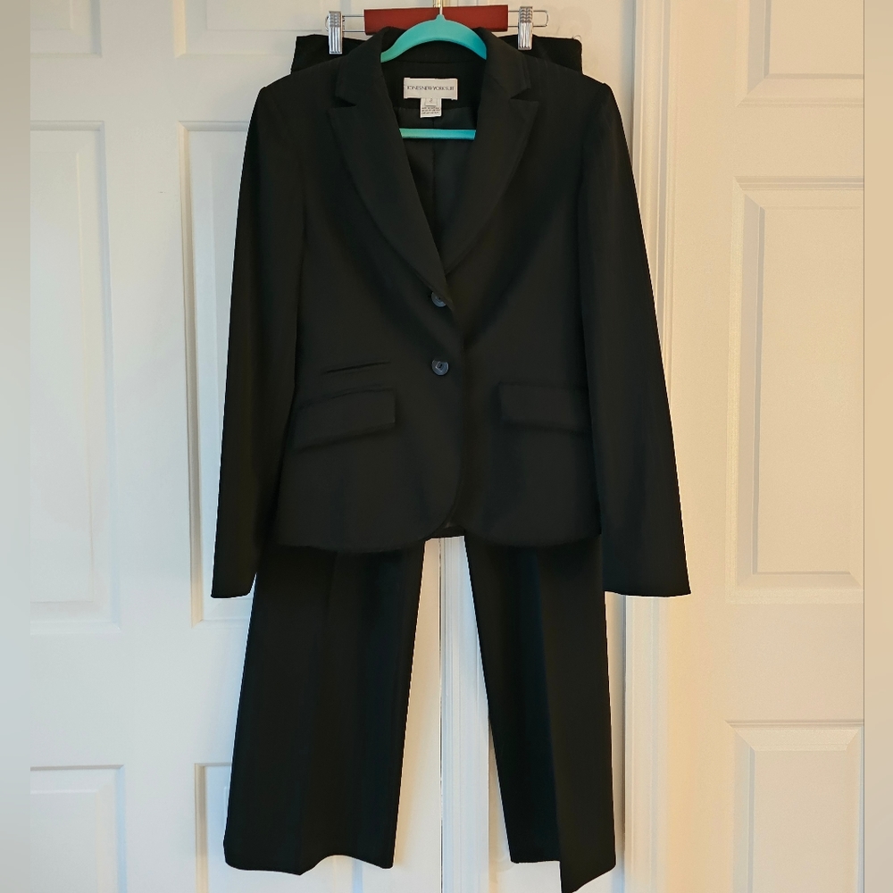 JONES NEW YORK Suit, black on black pin stripe, size 6